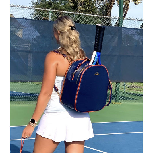 HANA water ripple pattern bag for tennis racquets;  paddles and travel;  free clutch and tassel;  gold hardware and full features for all sports.